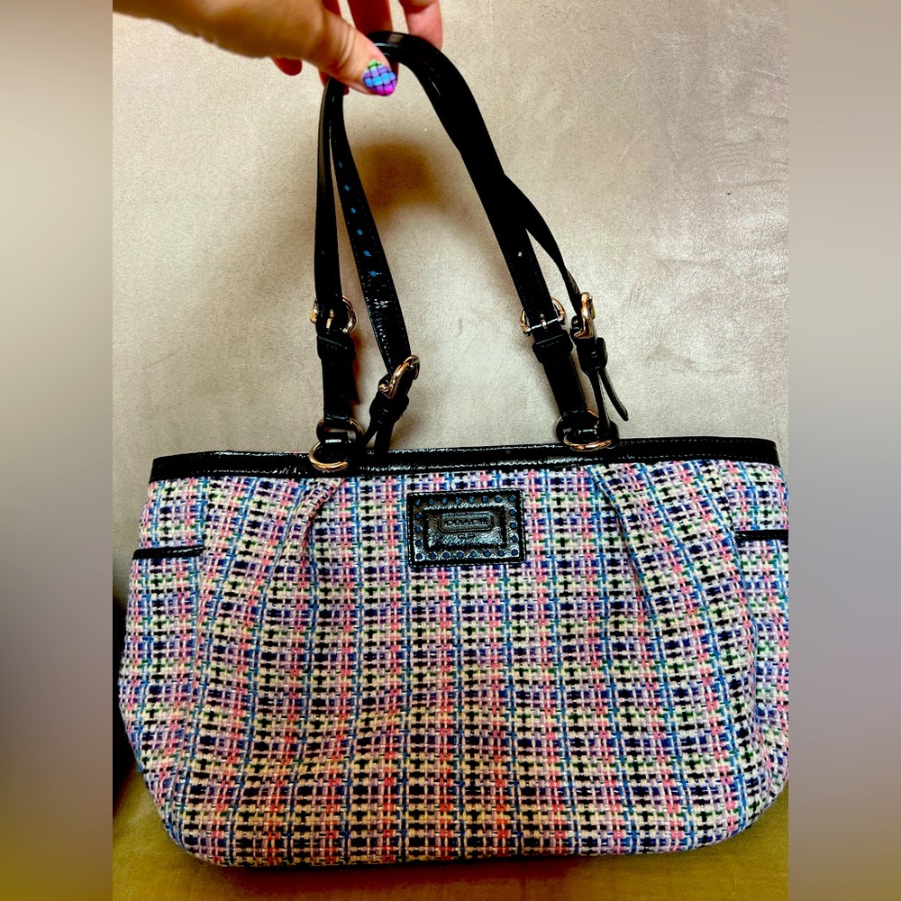 Wool Colorful Plaid Coach Bag with Black Leather Straps.